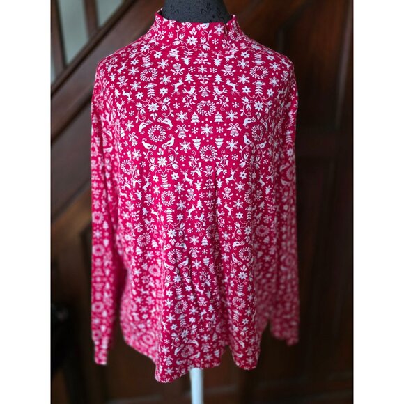 Lands End Womens 1X Mock Neck Long Sleeve Red & White Christmas Print Top - Picture 1 of 7